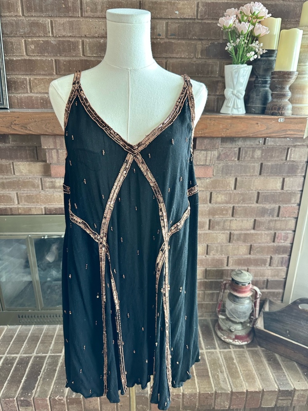Black Sleeveless Sequin-Trim Slip Dress